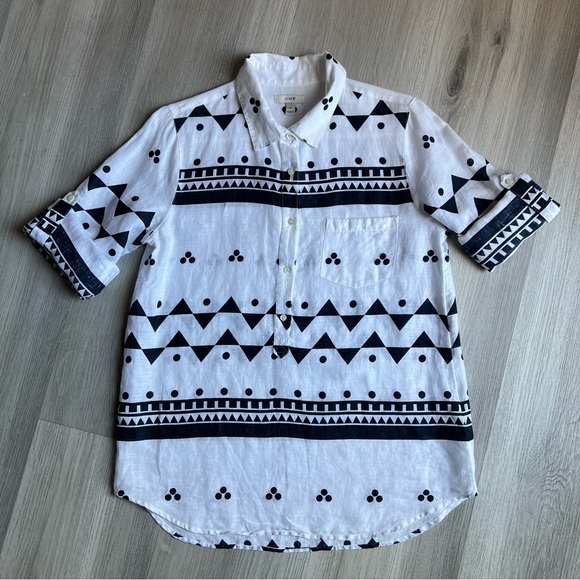 J Crew Linen Size 10 Shirt Blouse Navy Blue White Rollup Sleeves - Picture 9 of 16